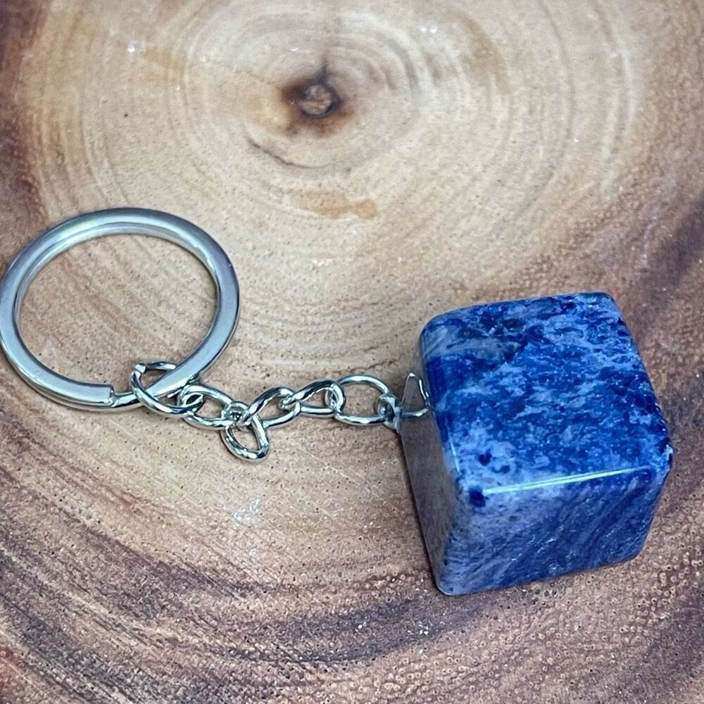 Lapis Lazuli cube keychain key ring pendant chain NEW hand crafted